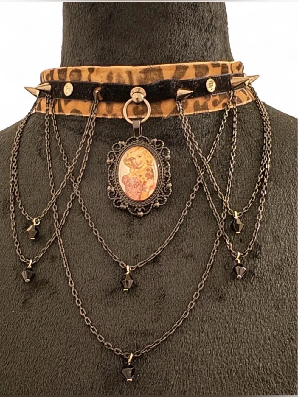 Leopard Print Black velvet, spike, rhinestone, Chain & Cameo Choker Necklace